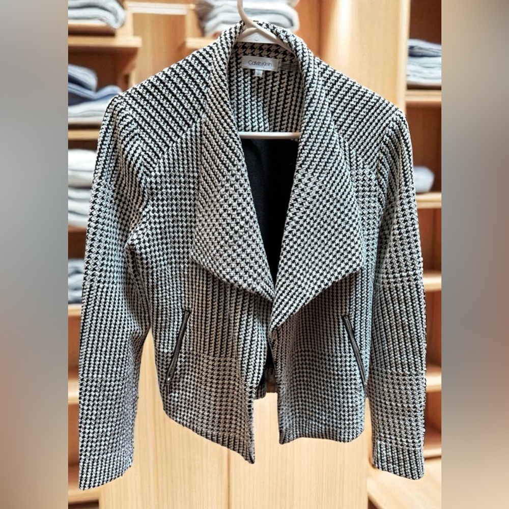 Calvin Klein Open Front Black & White Houndstooth Jacket. Size Small. EUC - Picture 1 of 11